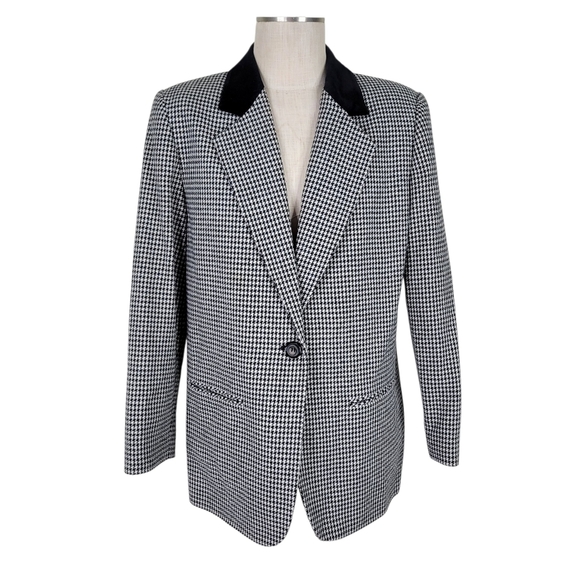 Sag Harbor Womens Blazer Size 12 Black White Houndstooth Velour Collar Long Wool - Picture 9 of 9